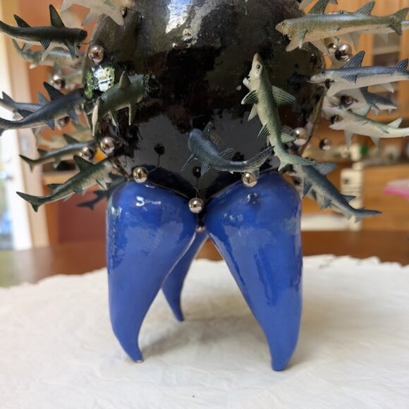 Crazy, Bold, Objet d'Art Ceramic Art Pottery Sculpture, Planter with Fish - Picture 14 of 15